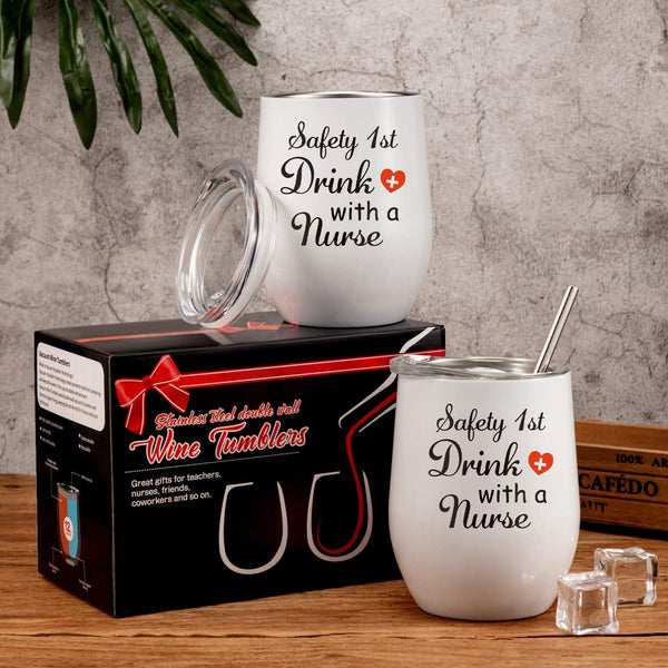 2 Pack Well-Designed Nurse Gifts for Women, Safety 1St Drink with a Nurse, Nurses Week Graduation Birthday Gift for Nurse Coworker, 12 Oz Nurse Wine Tumbler with Lid, Straw and Brush (White)